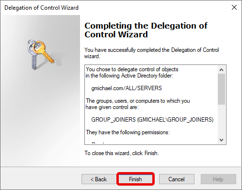 Delegation of Control Wizard Finish