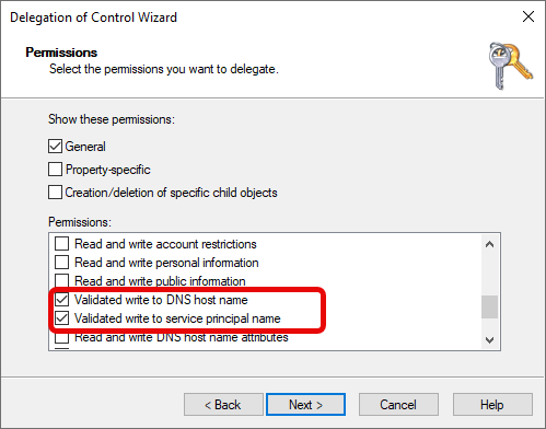 Validated write to DNS host name and Validated write to service principal name