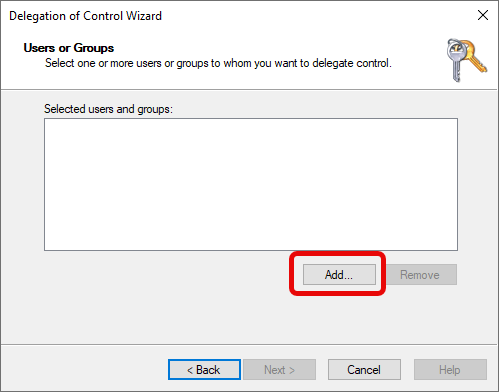 Delegation of Control Wizard Add users button