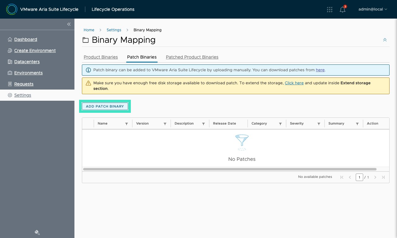 VMware Aria Lifecycle add patch binary